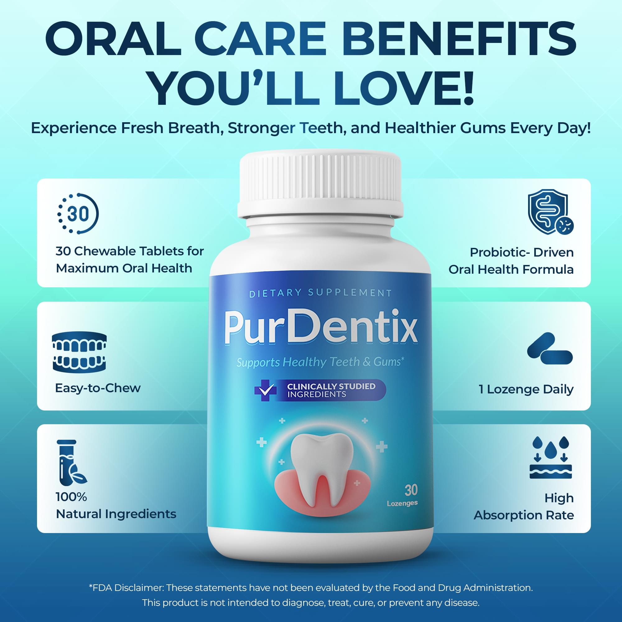 PurDentix probiotic oral health supplement — official bottle, 30 tablets, supports fresh breath, healthy gums and strong teeth
